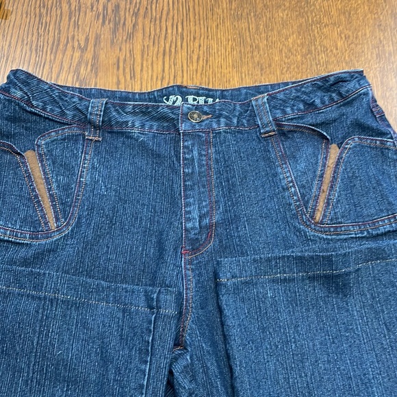 Vintage Y2 BLU Blue Jeans, Brown Leather Trim, SZ 36 - Picture 3 of 10